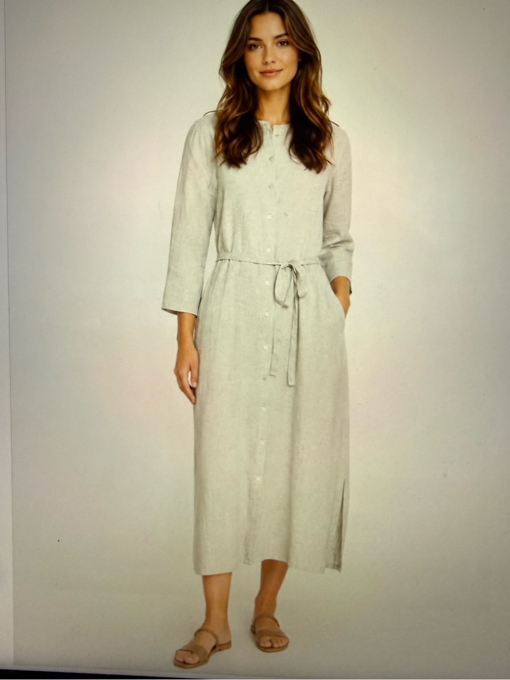 NWT//EILEEN FISHER Lightweight Organic Lenin Sparkle Button-Front Shirt Dress L